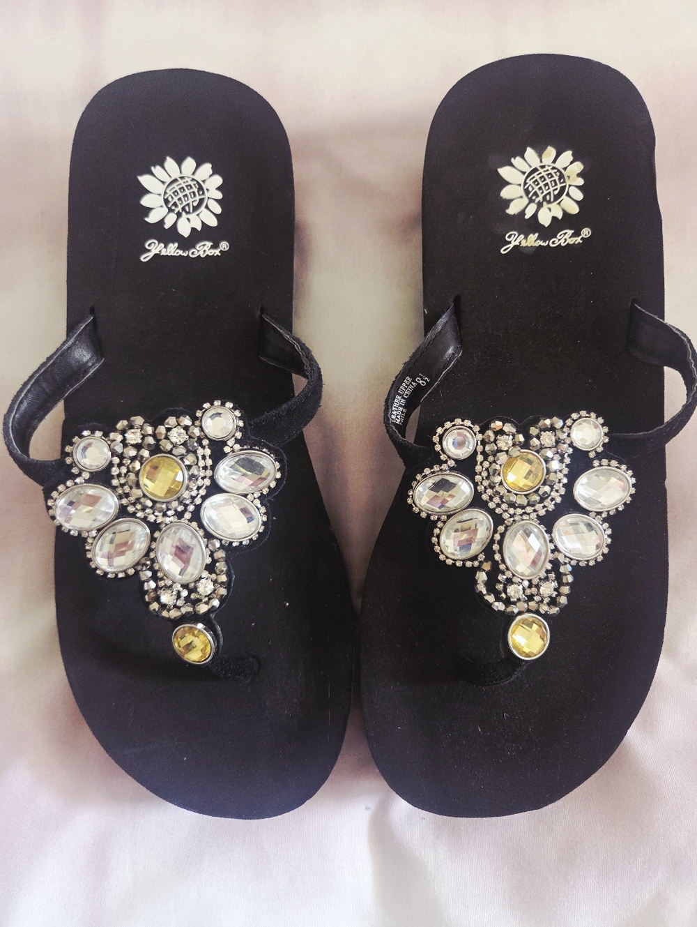 Yellow Box Black Jeweled Thong Sandals with Clear and Yellow Gems